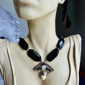 Silver and Black Filigree Necklace with Iridescent Gemstone